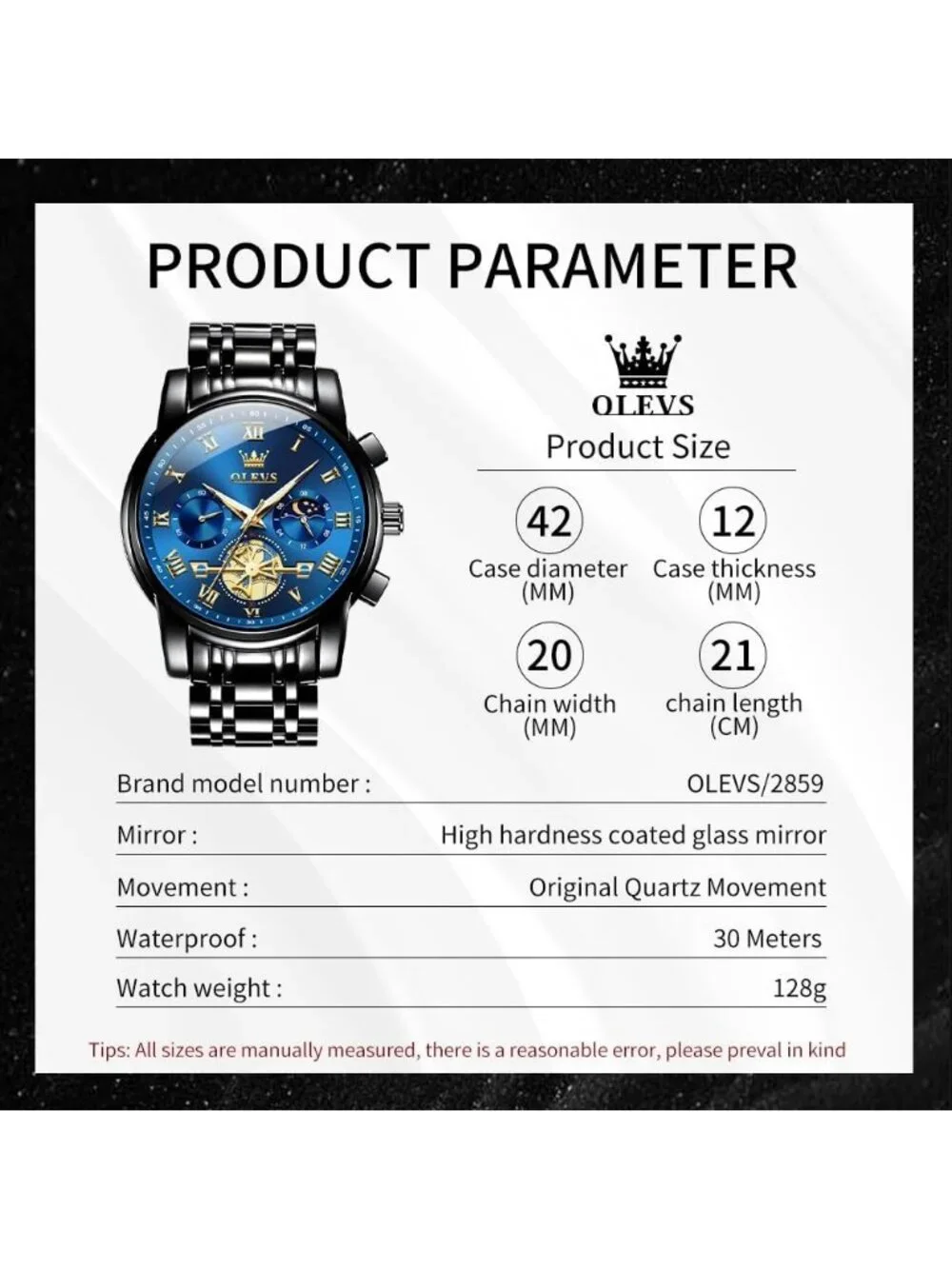 Men's Black Band and Blue Face Stainless Steel Waterproof Big Face Wrist Watch